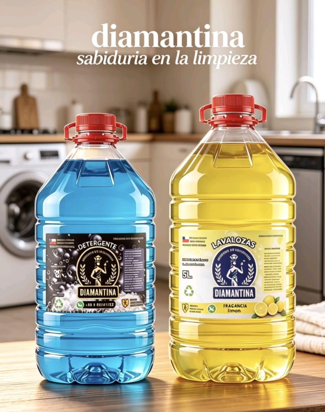 Detergente y lavalozas Diamantina en cocina iluminada